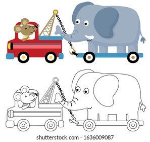 vector illustration of little mouse drive a tow truck, pull an elephant on cart, coloring book or page