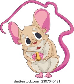 Vector illustration of little mouse hiding in house in cartoon style. Mouse with grain in its paws hides under its tail, curved in the form of house. Illustration of little mouse in vector.