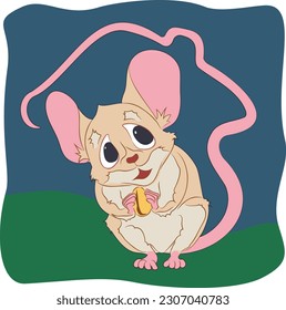 Vector illustration of little mouse hiding in house in cartoon style. Mouse with grain in its paws hides under its tail, curved in the form of house. Illustration of little mouse in vector.