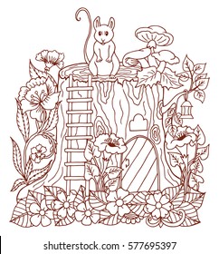 Vector illustration little mouse on the roof of her house in flowers. Work done by hand. Book Coloring anti-stress for adults and children. Brown and white
