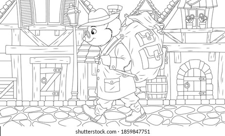 Vector illustration, the little mouse travels with a backpack, coloring book