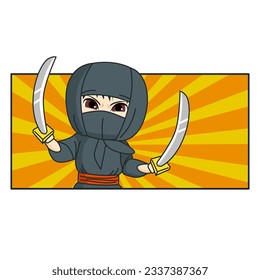 Vector illustration of little ninja holding big katana swords on comic background