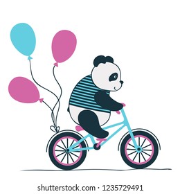 Vector illustration сute little panda bear rides his bike,cartoon design