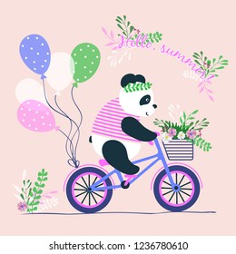 Vector illustration сute little panda bear rides his bike,cartoon design,Hello, summer!