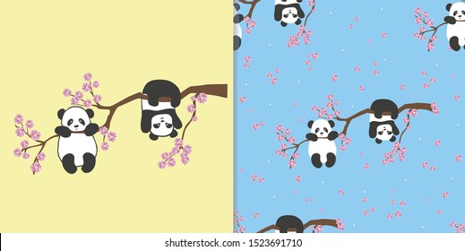 Vector illustration of a little Panda on Sakura tree branch. Greeting  card and seamless pattern.