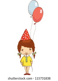 Vector illustration of a little party girl with balloons