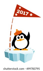 Vector illustration of a little penguin wearing a hat on the ice with a flag. Waiting for New Year 
holiday