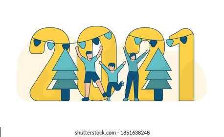 Vector illustration of little people celebrating New Year, a family or team preparing decorations for an annual party or event. happy new year 2021. typography for 2021 and flat design
