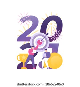 Vector illustration of little people celebrating the new year festival, a team planning goals for next year and working at an annual party or event. happy new year 2021. typography numbers 2021. flat