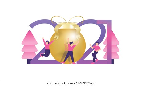 Vector illustration of little people celebrating the new year festival, a family or team dancing and being merry at an annual party or event. 3d gold christmas balls. happy new year 2021. typography