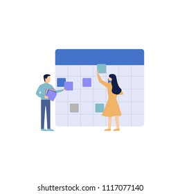 vector illustration. little people characters make an online schedule in the tablet. design business graphics tasks scheduling on a week