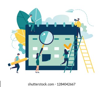 vector illustration. little people characters make an online schedule in the tablet. design business graphics tasks scheduling on a week - Vector 