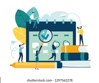 vector illustration. little people characters make an online schedule in the tablet. design business graphics tasks scheduling on a week - Vector - Vector 