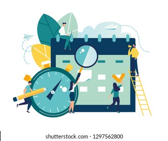 vector illustration. little people characters make an online schedule in the tablet. design business graphics tasks scheduling on a week - Vector - Vector 
