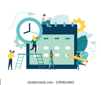 vector illustration. little people characters make an online schedule in the tablet. vector, design business graphics tasks scheduling on a week