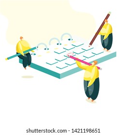 vector illustration. Little people characters working together and planning schedule on desk Calendar. design business graphics tasks scheduling on a week