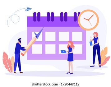 vector illustration. little people characters make an online schedule in the tablet. design business graphics tasks scheduling on a week - Vector. Business schedule scheduling design for the week.