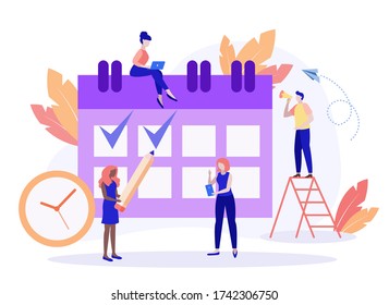 Vector illustration. little people characters make an online schedule in the tablet. design business graphics tasks scheduling on a week - Vector. Business schedule scheduling design for the week.