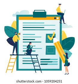 Vector illustration, little people fill out a form, modern concept for web banners, infographics, websites, printed products vector