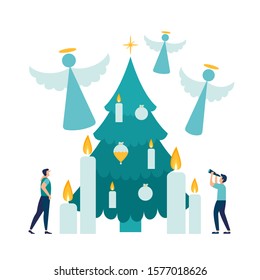 Vector illustration little people get ready for the New Year, are engaged in decoration, holy holiday angels