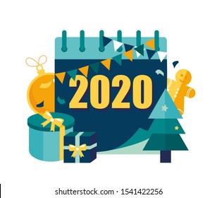 Vector illustration little people are preparing for the New Year, are engaged in decoration, the inscription New Year 2020 on the calendar