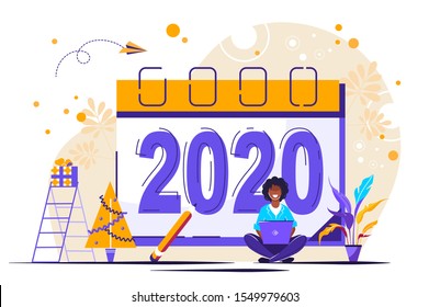 Vector illustration little people are preparing for the New Year, are engaged in decoration, the inscription New Year 2020 on the calendar