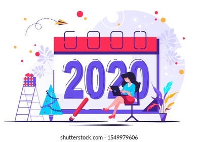 Vector illustration little people are preparing for the New Year, are engaged in decoration, the inscription New Year 2020 on the calendar
