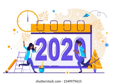 Vector illustration little people are preparing for the New Year, are engaged in decoration, the inscription New Year 2020 on the calendar