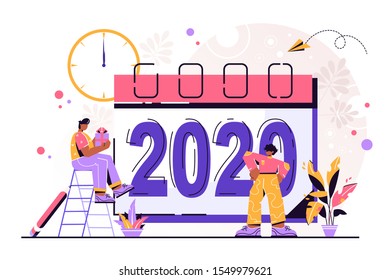 Vector illustration little people are preparing for the New Year, are engaged in decoration, the inscription New Year 2020 on the calendar