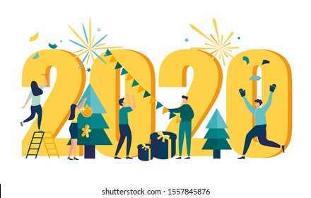 Vector illustration little people are preparing for the New Year, are engaged in decoration, the inscription New Year 2020