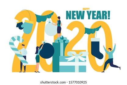 Ilustración vectorial La gente pequeña se está preparando para el Año Nuevo, se dedica a la decoración, la inscripción Año Nuevo 2020
