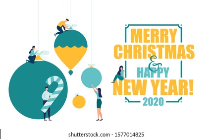 Vector illustration little people are preparing for the New Year, are engaged in decoration, the inscription New Year 2020