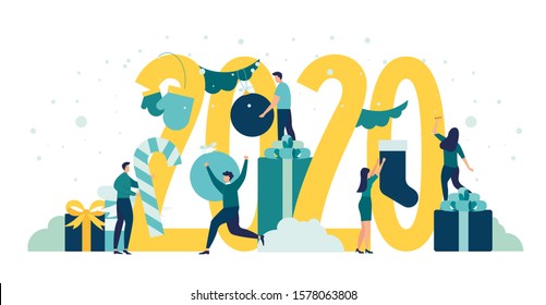 Vector illustration little people are preparing for the New Year, are engaged in decoration, the inscription New Year 2020