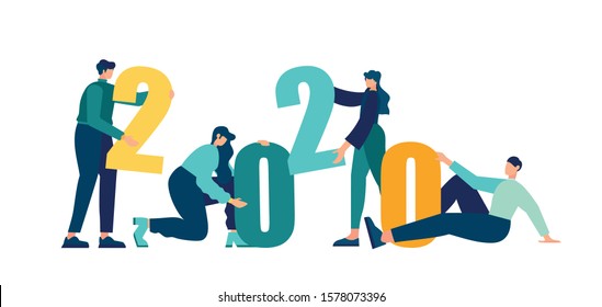 Vector illustration little people are preparing for the New Year, are engaged in decoration, the inscription New Year 2020