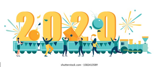 Vector illustration little people are preparing for the New Year, are engaged in decoration, the train arrived from New Year 2020