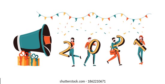 Ilustración vectorial poca gente se está preparando para el Año Nuevo, se dedican a la decoración, la inscripción Año Nuevo 2021
