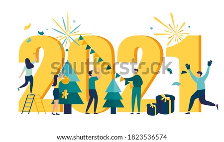 Vector illustration little people are preparing for the New Year, are engaged in decoration, the inscription New Year 2021
