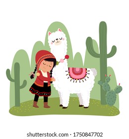 Vector illustration of a little Peruvian girl and her alpaca with cacti.