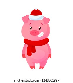 Vector  Illustration of little Pig with Christmas Santa’s Red Cap. Happy New Year
