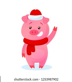 Vector  Illustration of little Pig with Christmas Santa’s Red Cap. Happy New Year