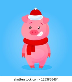 Vector  Illustration of little Pig with Christmas Santa’s Red Cap. Happy New Year. merry christmas card
