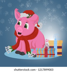 vector illustration of a little pink pig in a Santa Claus hat and a scarf around the neck symbol of the new 2019 Chinese calendar, postcard design, web, printing,