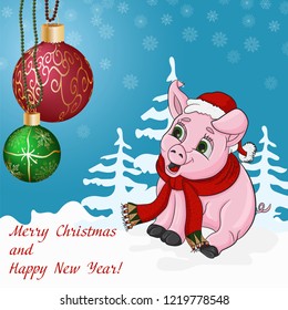 vector illustration of a little pink pig in a Santa Claus hat and a scarf around the neck symbol of the new 2019 Chinese calendar, postcard design, web, printing,