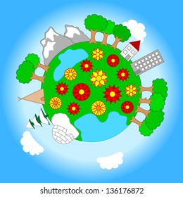 vector illustration of a little planet with various landscapes and sky