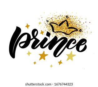 Vector illustration of Little Prince text for boys clothes. Little Prince badge, tag, icon. T-shirt design, card, banner template. Prince calligraphy background. lettering typography for boys