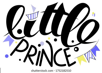 Vector illustration of Little prince text for boys clothes. Badge, tag, icon. T-shirt design, card, banner template.  Yellow, blue flags, ship and circles background.