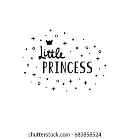 Vector illustration Little princess lettering with crown and stars. Baby emblem for printing