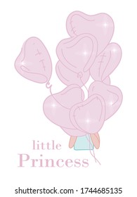 Vector illustration of Little Princess text for girls clothes. Sweet girl with balloon in the shape of heart. Brilliant greeting card, poster, T-shirt. Inspirational quote. Feminine calligraphy.