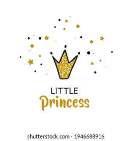 Dibujo vectorial del texto de la Pequeña Princesa para las chicas vestidas con brillantes estrellas doradas de la corona dorada. Tipografía con letras, afiche.