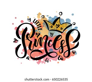 Vector illustration of Little Princess text for girls clothes. Royal badge, card, postcard, tag, icon. T-shirt design. Inspirational quote, banner. Feminine calligraphy. Lettering typography, poster.